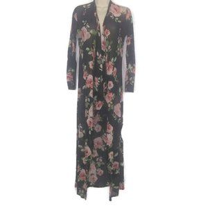 Vintage Objex Black Pink Rose Floral Chiffon High Low Duster
